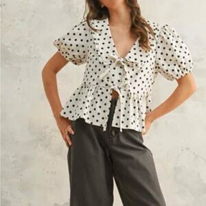Polka Dot Linen Blouse - Oatmeal